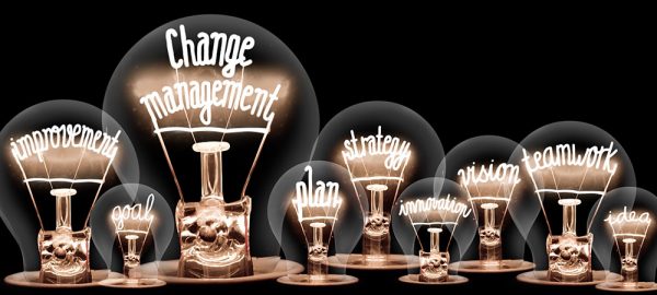 Photo of light bulbs with shining fibers in a shape of CHANGE MANAGEMENT concept related words isolated on black background