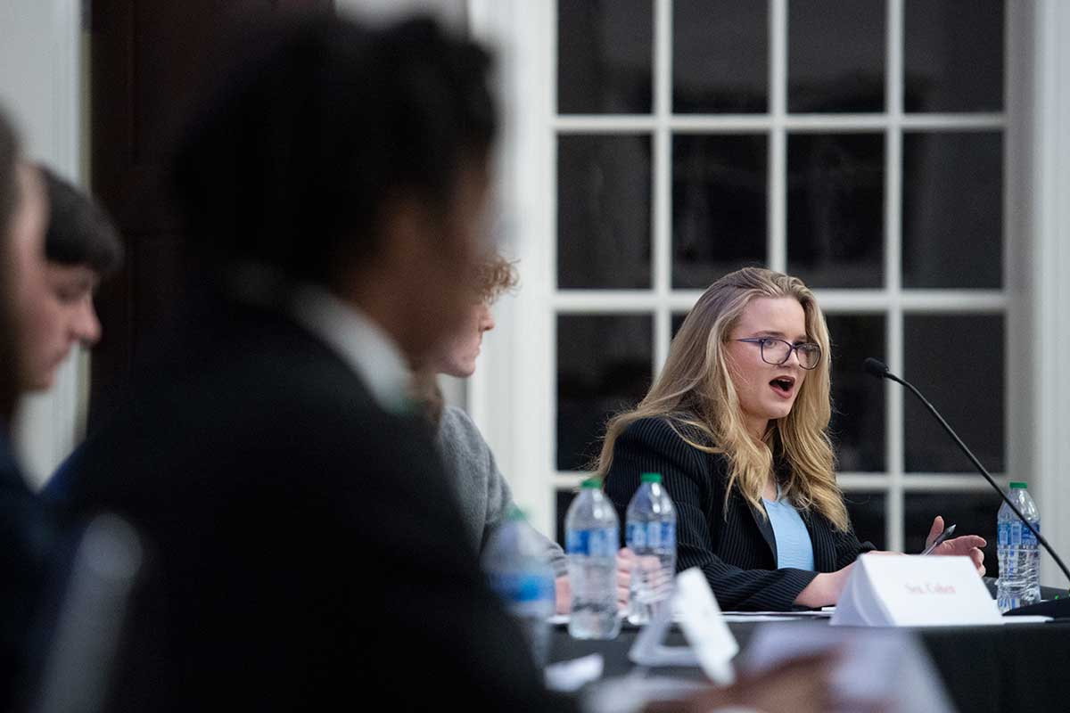 Public policy leadership student Chloe Binford engaged in a mock congressional debate at the University of Mississippi.